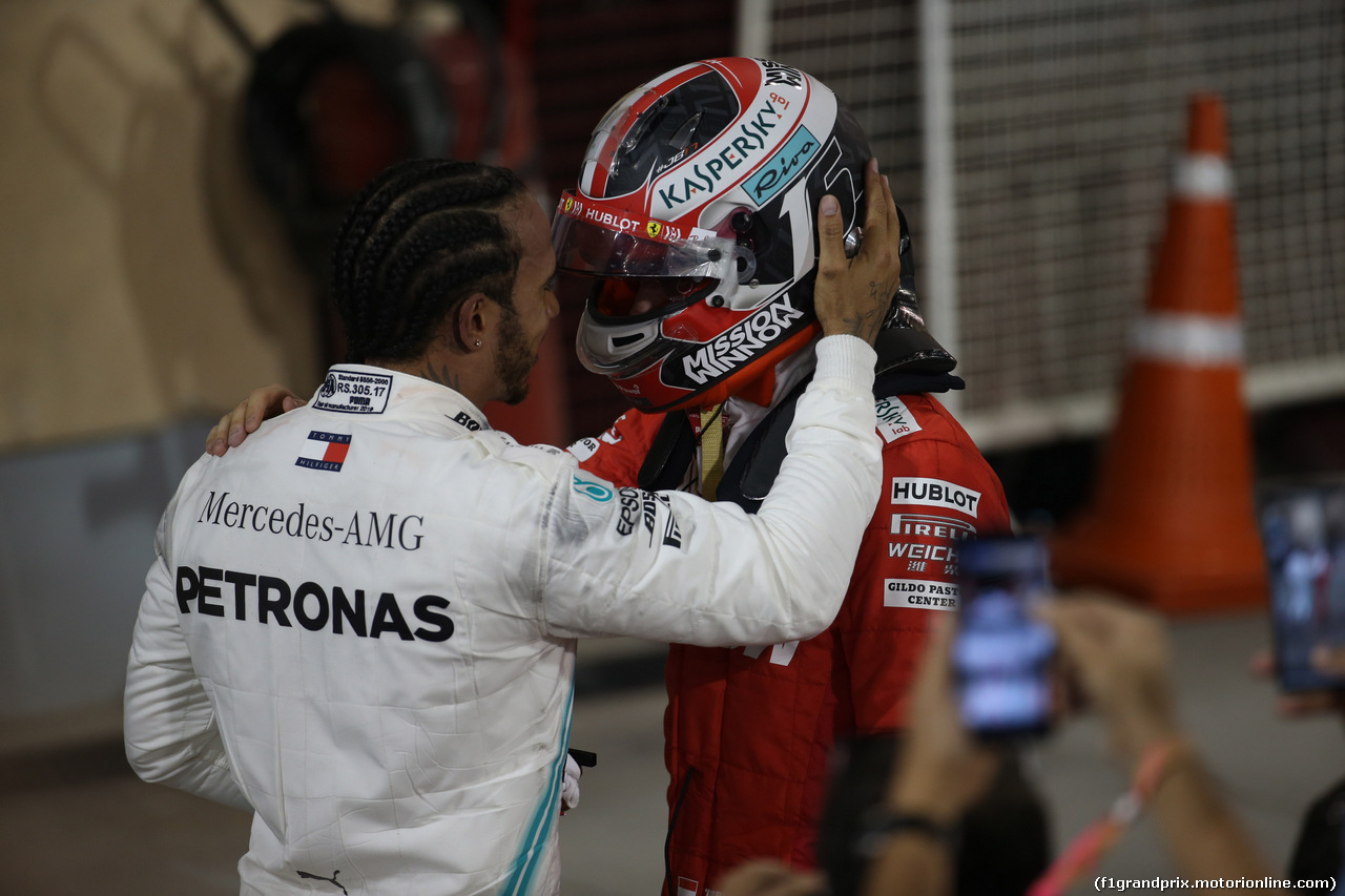 GP BAHRAIN, 31.03.2019- Parc ferme, Lewis Hamilton (GBR) Mercedes AMG F1 W10 EQ Power with Charles Leclerc (MON) Ferrari SF90
