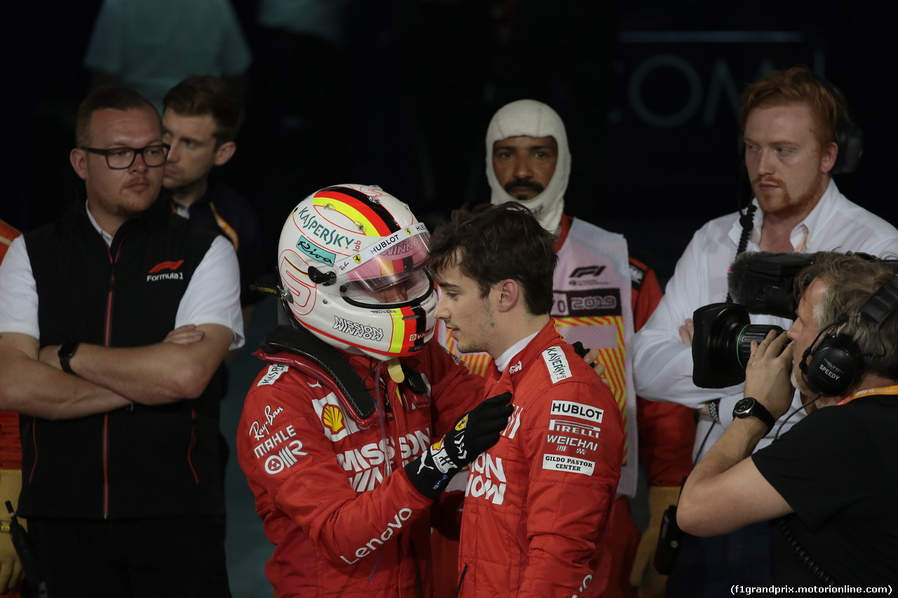 GP BAHRAIN, 31.03.2019- Parc ferme Sebastian Vettel (GER) Ferrari SF90 e Charles Leclerc (MON) Ferrari SF90