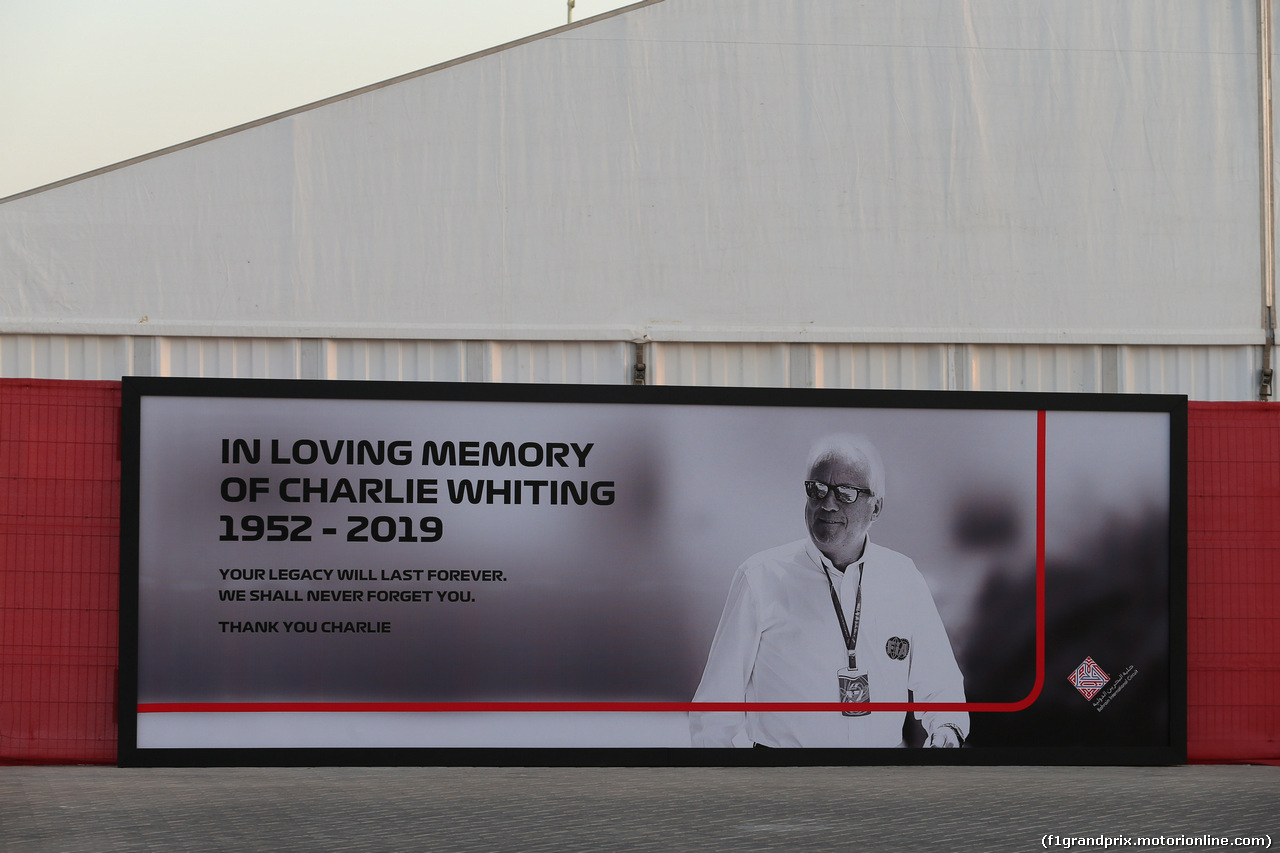 GP BAHRAIN, 28.03.2019- Panel in memory of Charlie Whiting (GBR), Gara director e Fia safety Delegate
