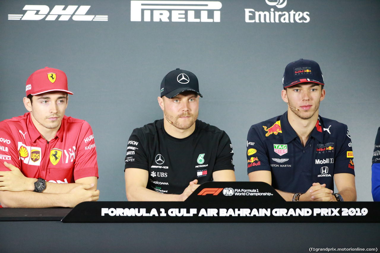 GP BAHRAIN, 28.03.2019- Official Fia press conference, L to R Charles Leclerc (MON) Ferrari SF90, Valtteri Bottas (FIN) Mercedes AMG F1 W10 EQ Power e Pierre Gasly (FRA) Redbull Racing RB15