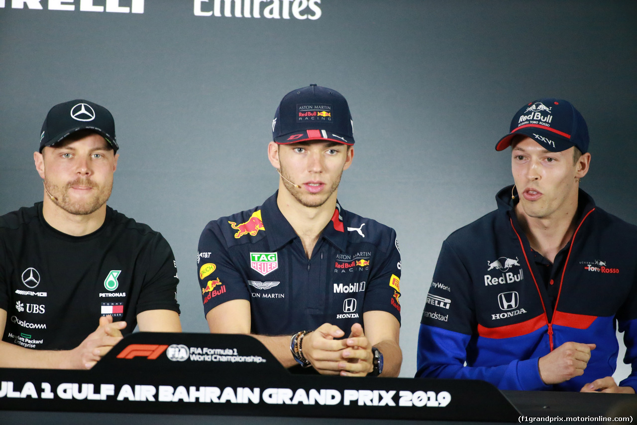 GP BAHRAIN, 28.03.2019- Official Fia press conference, L to R Valtteri Bottas (FIN) Mercedes AMG F1 W10 EQ Power, Pierre Gasly (FRA) Redbull Racing RB15 e Daniil Kvyat (RUS) Scuderia Toro Rosso STR14