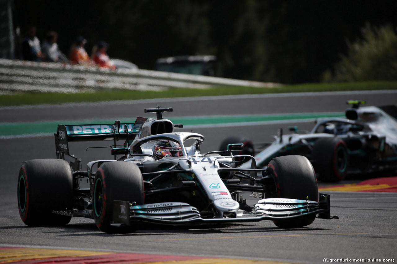 GP BELGIO, 01.09.2019 - Gara, Lewis Hamilton (GBR) Mercedes AMG F1 W10 davanti a Valtteri Bottas (FIN) Mercedes AMG F1 W010