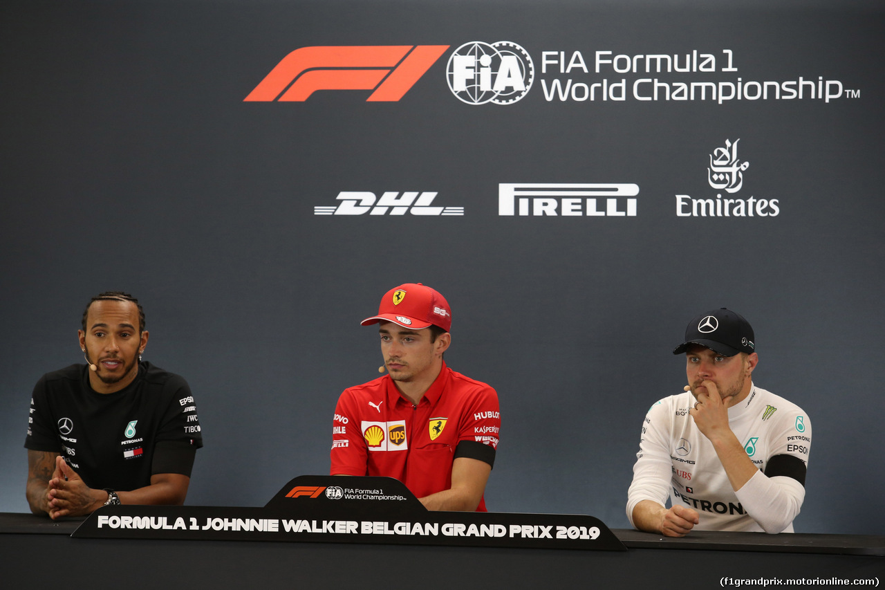 GP BELGIO, 01.09.2019 - Gara, Conferenza Stampa, Lewis Hamilton (GBR) Mercedes AMG F1 W10, Charles Leclerc (MON) Ferrari SF90 e Valtteri Bottas (FIN) Mercedes AMG F1 W010