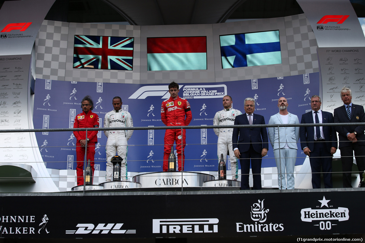 GP BELGIO, 01.09.2019 - Gara, 1st place Charles Leclerc (MON) Ferrari SF90, 2nd place Lewis Hamilton (GBR) Mercedes AMG F1 W10 e 3rd place Valtteri Bottas (FIN) Mercedes AMG F1 W010