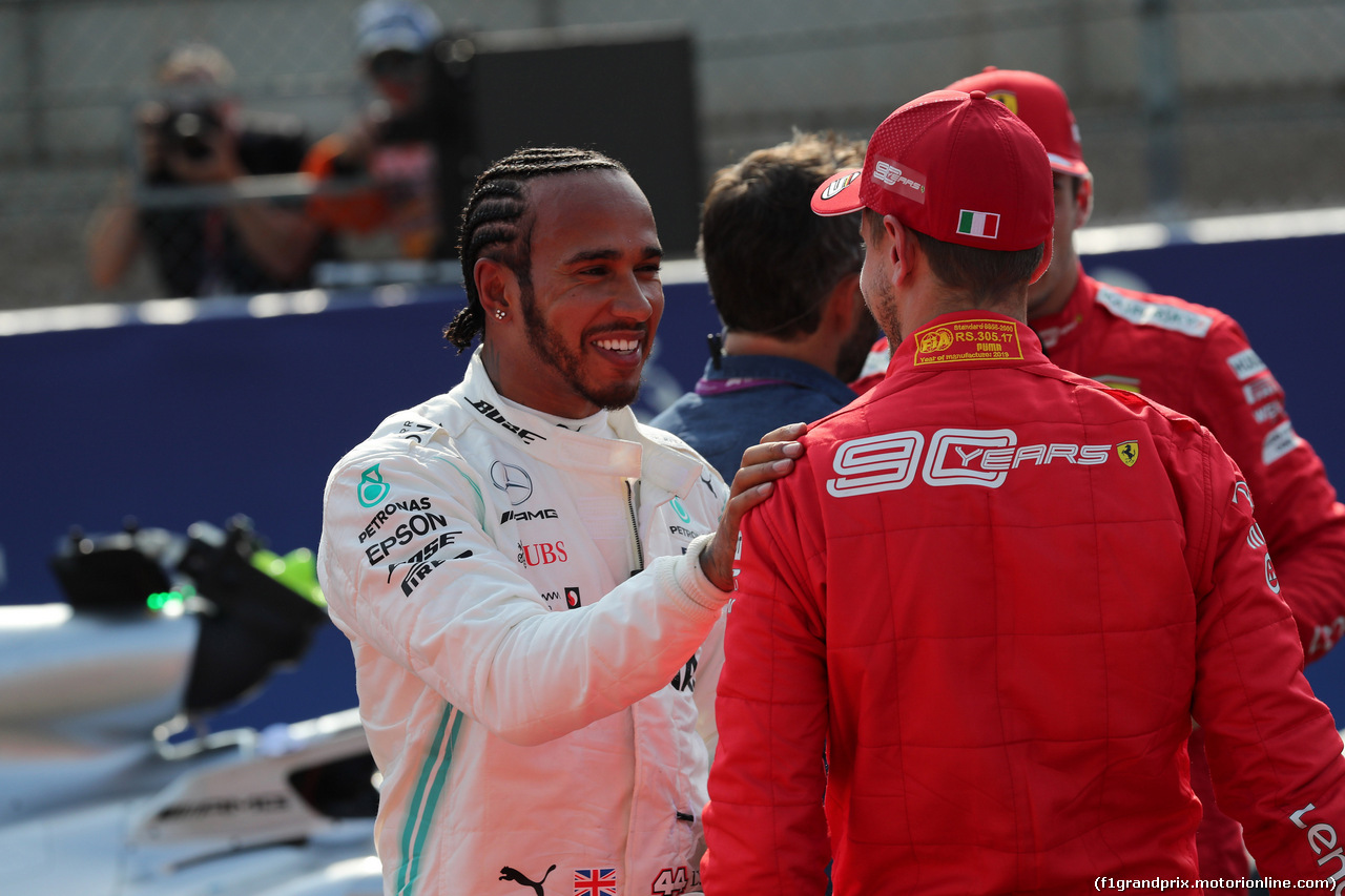GP BELGIO, 31.08.2019 - Qualifiche, 3rd place Lewis Hamilton (GBR) Mercedes AMG F1 W10 e 2nd place Sebastian Vettel (GER) Ferrari SF90