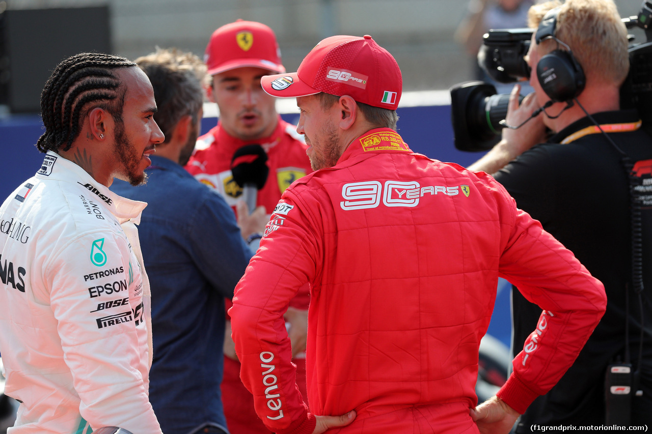 GP BELGIO, 31.08.2019 - Qualifiche, 3rd place Lewis Hamilton (GBR) Mercedes AMG F1 W10, 2nd place Sebastian Vettel (GER) Ferrari SF90 e Charles Leclerc (MON) Ferrari SF90  pole position