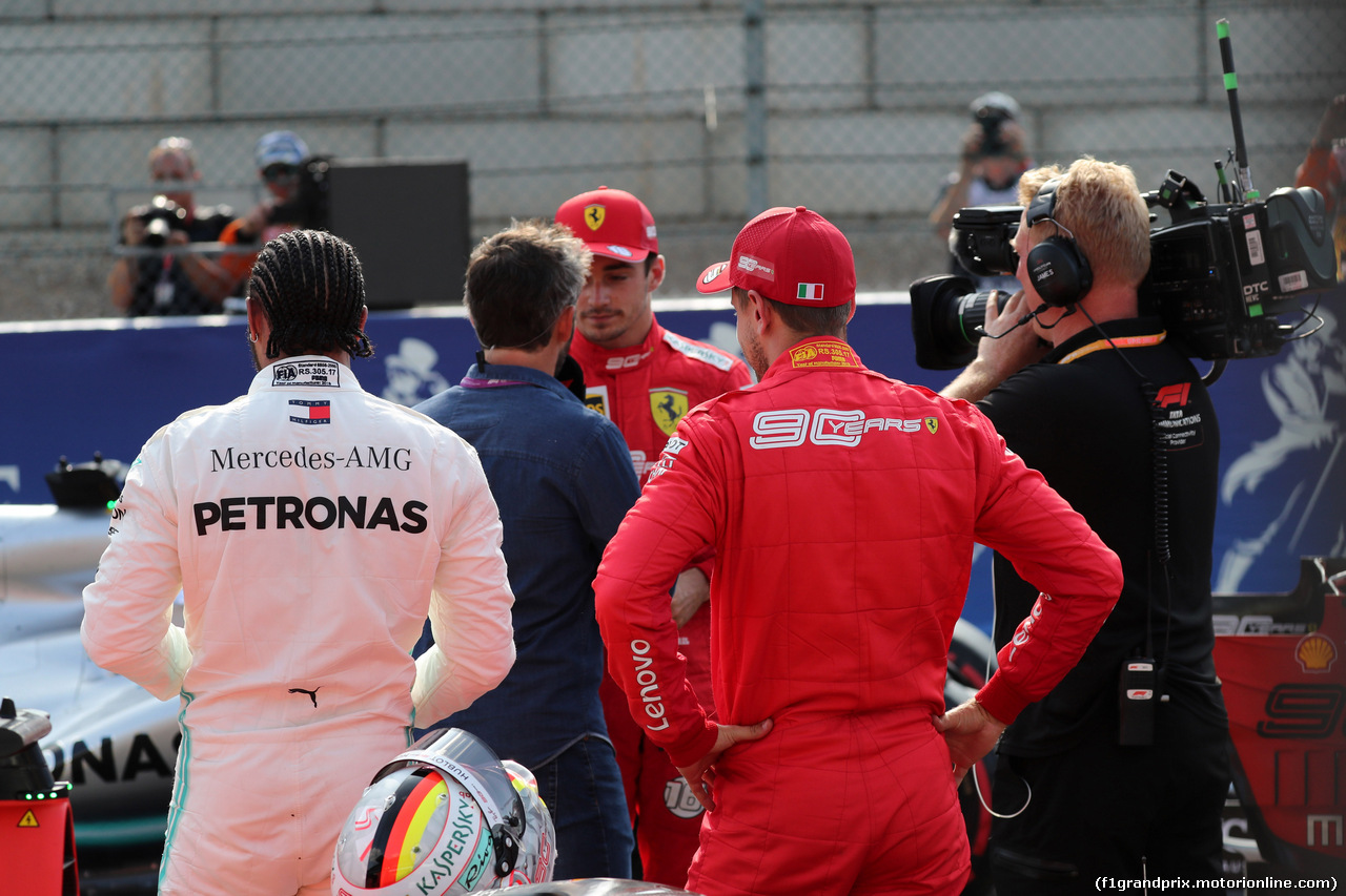 GP BELGIO, 31.08.2019 - Qualifiche, 3rd place Lewis Hamilton (GBR) Mercedes AMG F1 W10, 2nd place Sebastian Vettel (GER) Ferrari SF90 e Charles Leclerc (MON) Ferrari SF90  pole position