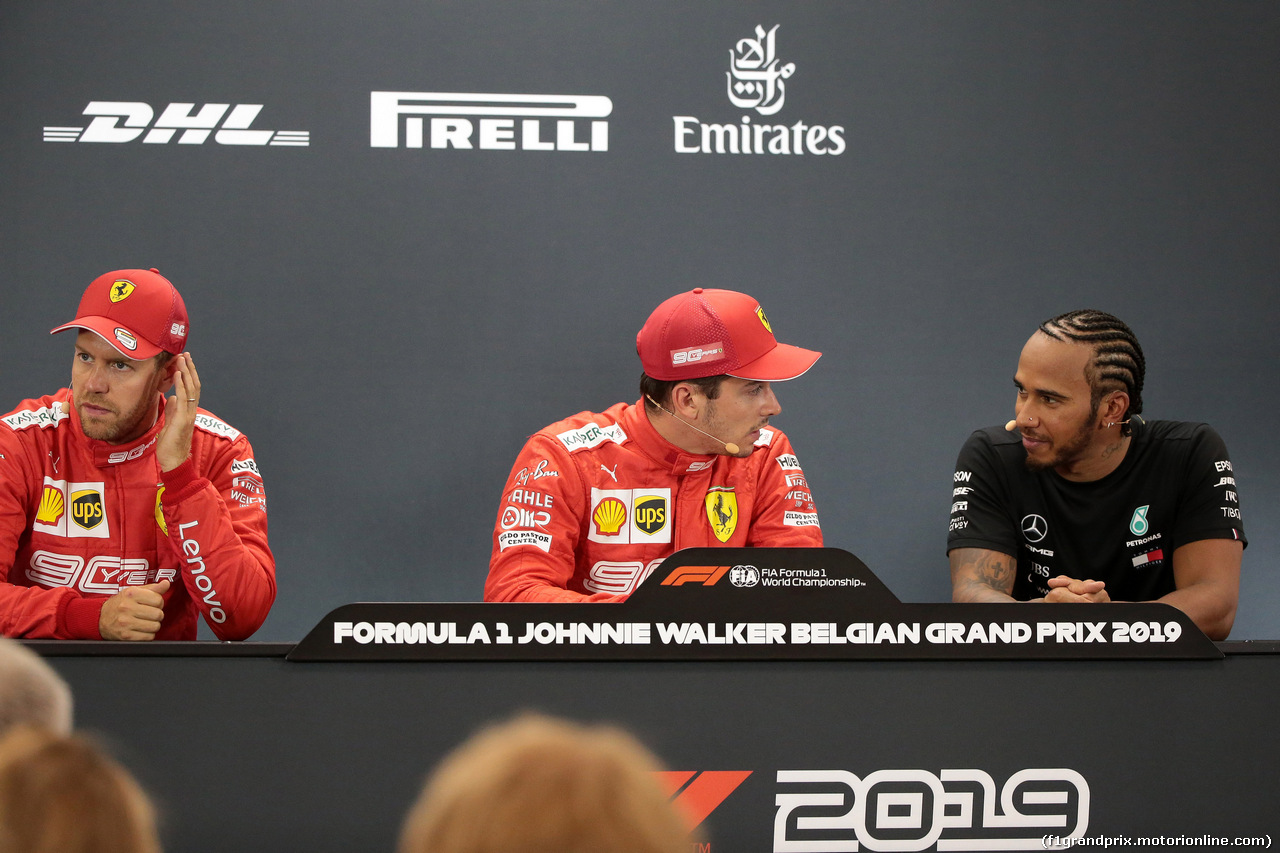 GP BELGIO, 31.08.2019 - Qualifiche, Conferenza Stampa, Sebastian Vettel (GER) Ferrari SF90, Sebastian Vettel (GER) Ferrari SF90 e Lewis Hamilton (GBR) Mercedes AMG F1 W10