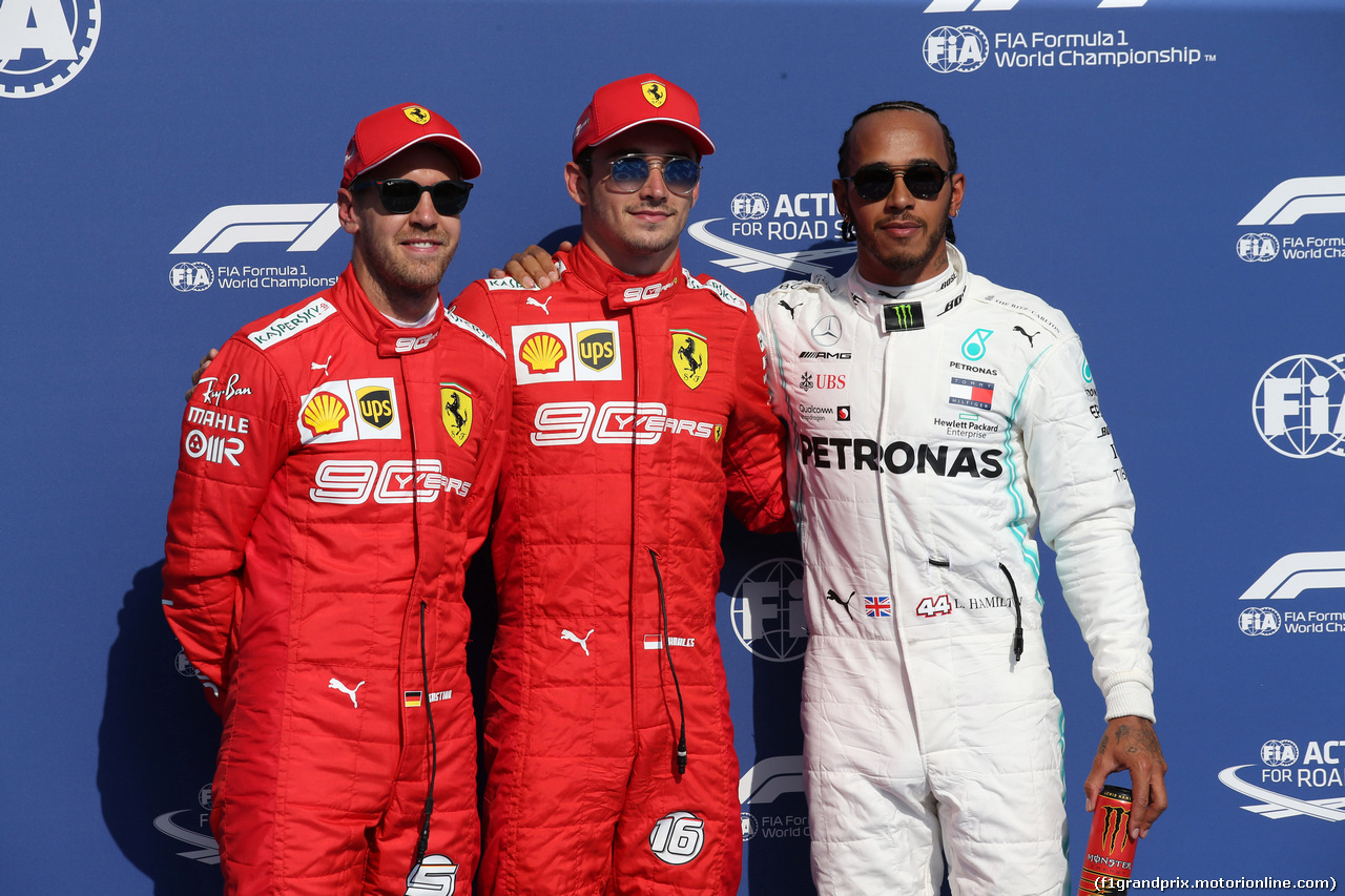 GP BELGIO, 31.08.2019 - Qualifiche, 2nd place Sebastian Vettel (GER) Ferrari SF90, Charles Leclerc (MON) Ferrari SF90 pole position e 3rd place Lewis Hamilton (GBR) Mercedes AMG F1 W10