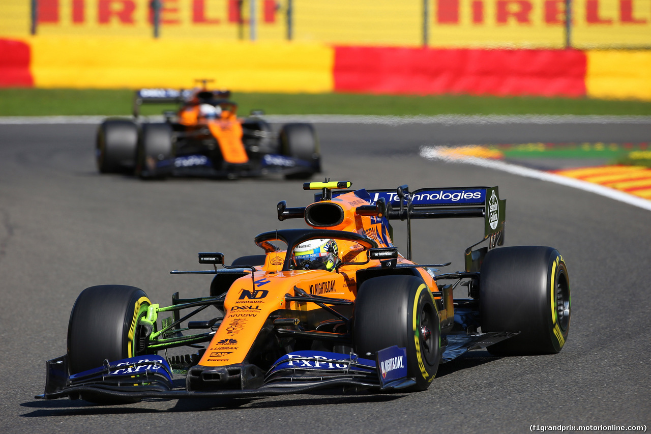 GP BELGIO, 30.08.2019 - Prove Libere 1, Lando Norris (GBR) Mclaren F1 Team MCL34 davanti a Carlos Sainz Jr (ESP) Mclaren F1 Team MCL34