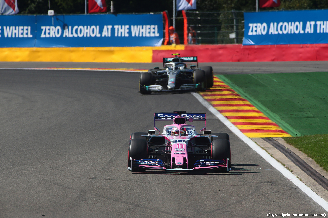 GP BELGIO, 30.08.2019 - Prove Libere 1, Sergio Perez (MEX) Racing Point F1 Team RP19 e Valtteri Bottas (FIN) Mercedes AMG F1 W010