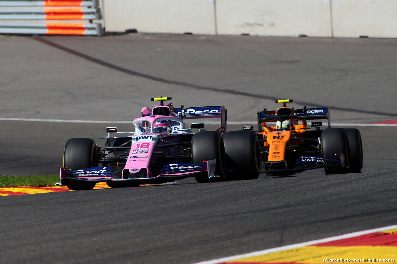 GP BELGIO, 30.08.2019 -  Prove Libere 2, Lance Stroll (CDN) Racing Point F1 Team RP19 e Lando Norris (GBR) Mclaren F1 Team MCL34