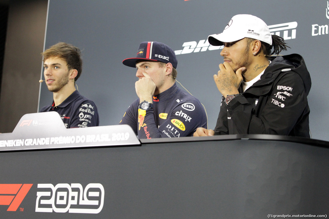 GP BRASILE, 17.11.2019 - Gara, Conferenza Stampa, Pierre Gasly (FRA) Scuderia Toro Rosso STR14, Max Verstappen (NED) Red Bull Racing RB15 e Lewis Hamilton (GBR) Mercedes AMG F1 W10