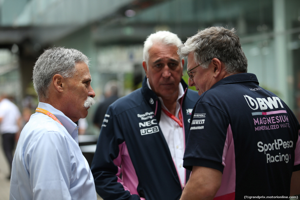 GP BRASILE, 16.11.2019 - (L-R) Chase Carey (USA) Formula One Group Chairman, Lawrence Stroll (CAN) Racing Point F1 Team Investor e Otmar Szafnauer (USA) Racing Point Force India F1 Team Principal e CEO.