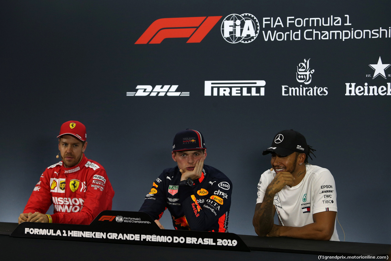 GP BRASILE, 16.11.2019 - Qualifiche, Conferenza Stampa, Sebastian Vettel (GER) Ferrari SF90, Max Verstappen (NED) Red Bull Racing RB15 e Lewis Hamilton (GBR) Mercedes AMG F1 W10