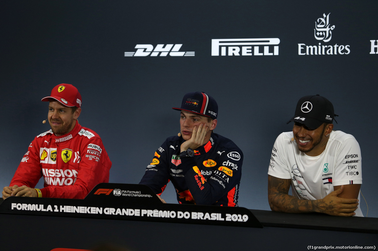 GP BRASILE, 16.11.2019 - Qualifiche, Conferenza Stampa, Sebastian Vettel (GER) Ferrari SF90, Max Verstappen (NED) Red Bull Racing RB15 e Lewis Hamilton (GBR) Mercedes AMG F1 W10