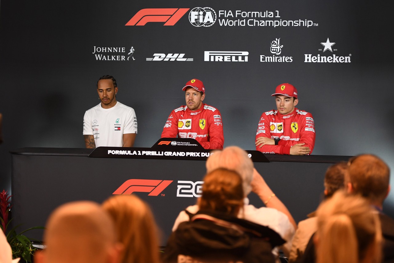 GP CANADA, 08.06.2019 - Qualifiche, Conferenza Stampa, Lewis Hamilton (GBR) Mercedes AMG F1 W10, Sebastian Vettel (GER) Ferrari SF90 e Charles Leclerc (MON) Ferrari SF90