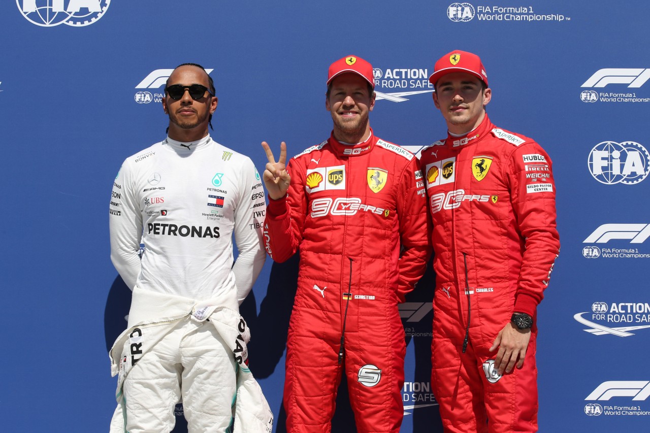 GP CANADA, 08.06.2019 - Qualifiche, 2nd place Lewis Hamilton (GBR) Mercedes AMG F1 W10, Sebastian Vettel (GER) Ferrari SF90 pole position e 3rd place Charles Leclerc (MON) Ferrari SF90