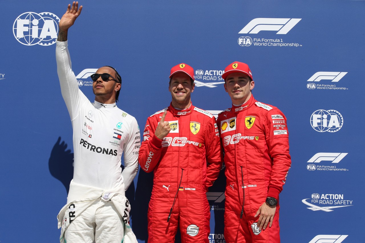 GP CANADA, 08.06.2019 - Qualifiche, 2nd place Lewis Hamilton (GBR) Mercedes AMG F1 W10, Sebastian Vettel (GER) Ferrari SF90 pole position e 3rd place Charles Leclerc (MON) Ferrari SF90