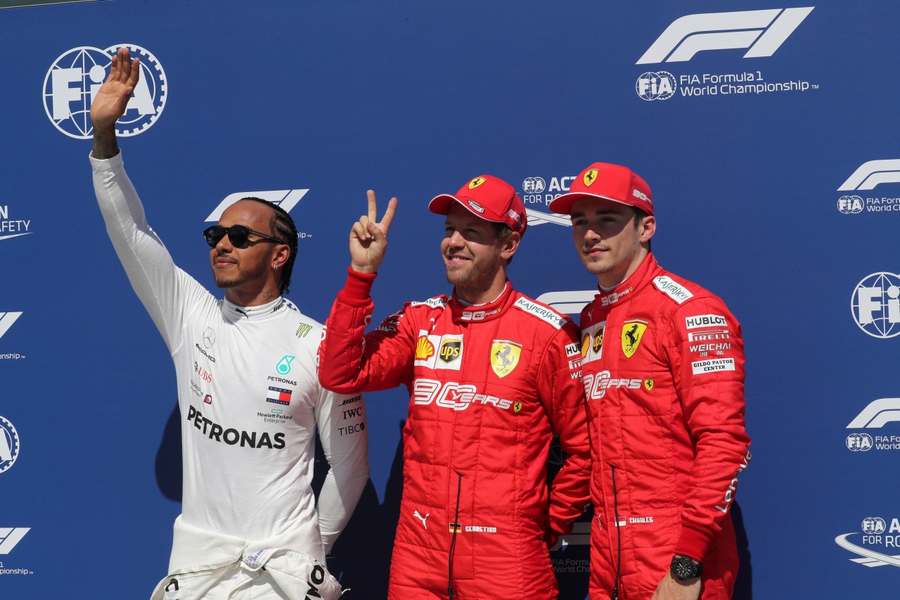 GP CANADA, 08.06.2019 - Qualifiche, 2nd place Lewis Hamilton (GBR) Mercedes AMG F1 W10, Sebastian Vettel (GER) Ferrari SF90 pole position e 3rd place Charles Leclerc (MON) Ferrari SF90