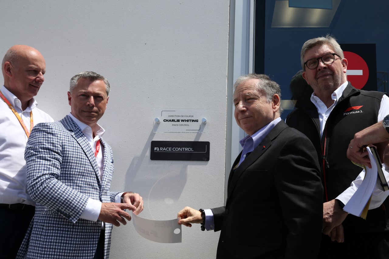 GP CANADA, 08.06.2019 - François Dumontier, F1 Canadian Grand Prix Prresident e CEO, Jean Todt (FRA), President FIA e Ross Brawn (GBR) Formula One Managing Director of Motorsports unveil a plaque dedicating  the new Gara Control to Charlie Whiting (GBR)