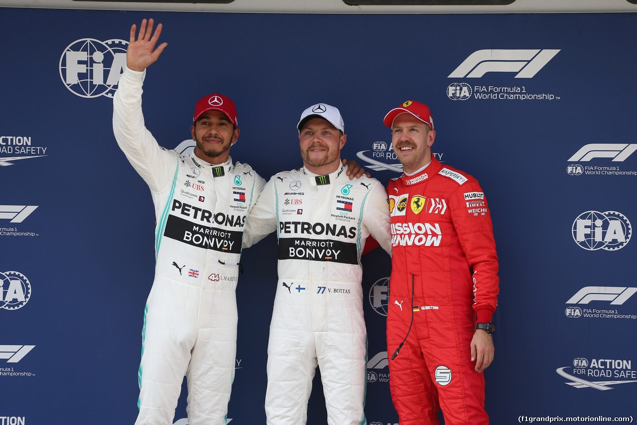 GP CINA, 13.04.2019- Qualifiche celebration: Pole Position Valtteri Bottas (FIN) Mercedes AMG F1 W10 EQ Power, 2nd place Lewis Hamilton (GBR) Mercedes AMG F1 W10 EQ Power, 3rd place Sebastian Vettel (GER) Ferrari SF90