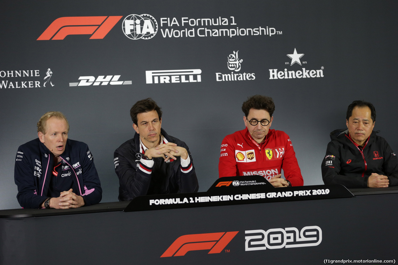 GP CINA, 12.04.2019- Venerdi' Official Fia press conference,  L to R Andrew Green (GBR) Racing Point F1 Team Technical Director, Toto Wolff (GER) Mercedes AMG F1 Shareholder e Executive Director,  Mattia Binotto (ITA) Ferrari Team Principal e Toyoharu Tanabe (JPN) Honda F1 Technical Director.