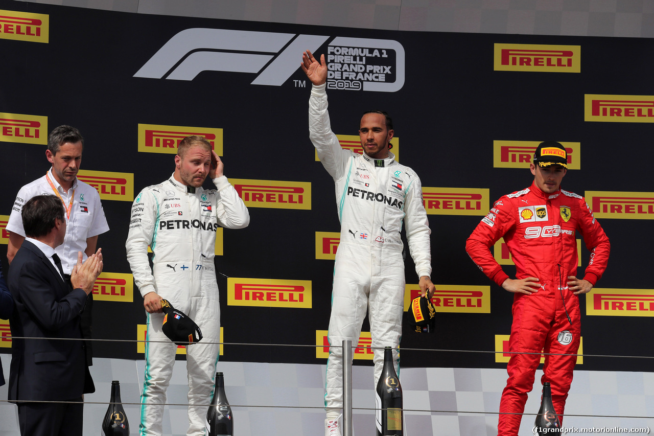 GP FRANCIA, 23.06.2019 - Gara, 1st place Lewis Hamilton (GBR) Mercedes AMG F1 W10, 2nd place Valtteri Bottas (FIN) Mercedes AMG F1 W010 e 3rd place Charles Leclerc (MON) Ferrari SF90