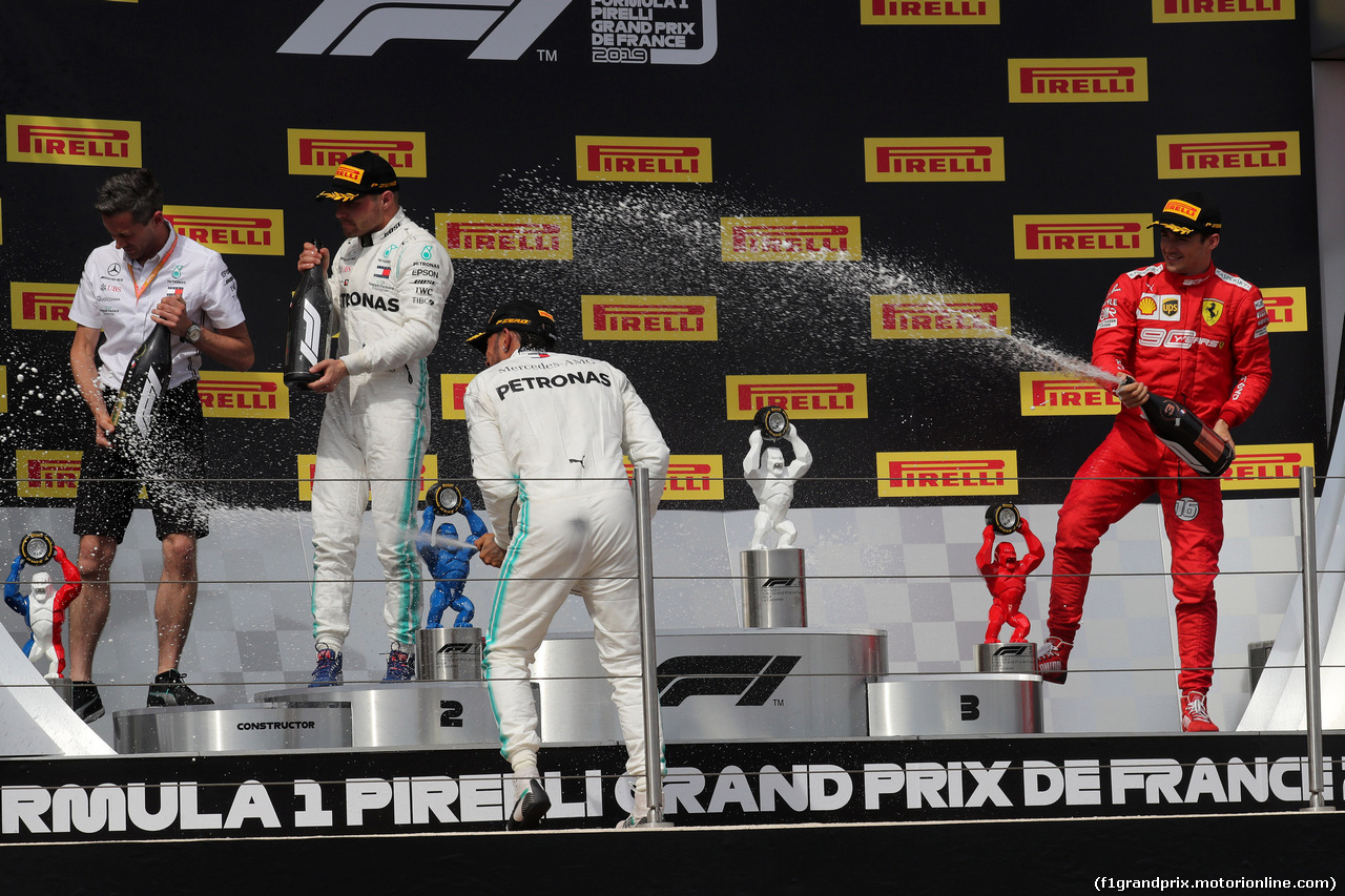 GP FRANCIA, 23.06.2019 - Gara, 1st place Lewis Hamilton (GBR) Mercedes AMG F1 W10, 2nd place Valtteri Bottas (FIN) Mercedes AMG F1 W010 e 3rd place Charles Leclerc (MON) Ferrari SF90