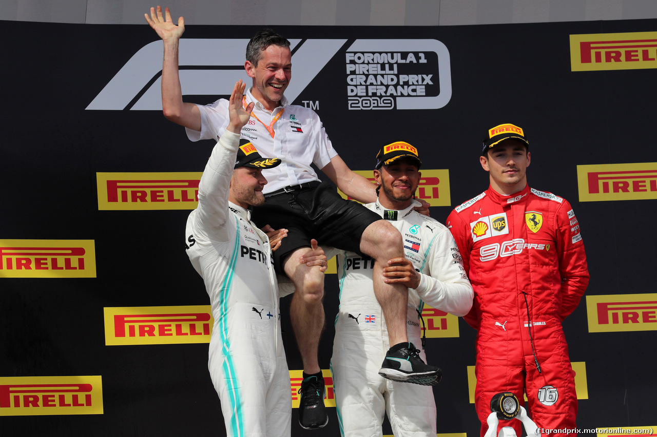 GP FRANCIA, 23.06.2019 - Gara, 1st place Lewis Hamilton (GBR) Mercedes AMG F1 W10, 2nd place Valtteri Bottas (FIN) Mercedes AMG F1 W010 e 3rd place Charles Leclerc (MON) Ferrari SF90