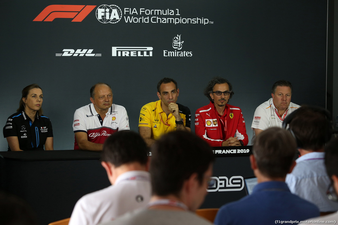 GP FRANCIA, 21.06.2019 - Conferenza Stampa, Claire Williams (GBR) Williams Deputy Team Principal, Frederic Vasseur (FRA) Alfa Romeo Racing, Team Principal, Cyril Abiteboul (FRA) Renault Sport F1 Managing Director, Laurent Mekies (FRA) Ferrari Sporting Director e Zak Brown (USA) McLaren Executive Director