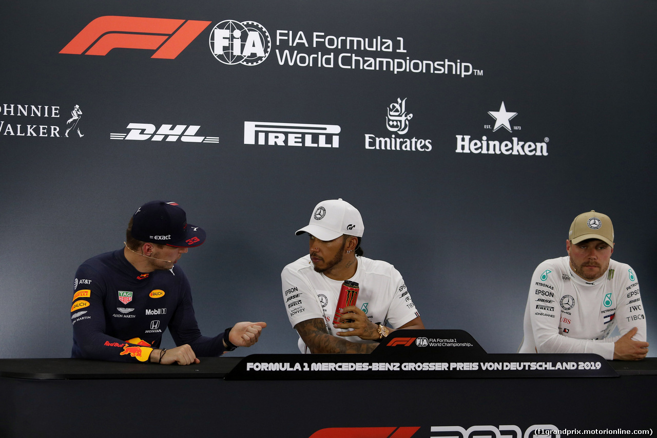 GP GERMANIA, 27.07.2019 - Qualifiche, Conferenza Stampa, Max Verstappen (NED) Red Bull Racing RB15, Lewis Hamilton (GBR) Mercedes AMG F1 W10 e Valtteri Bottas (FIN) Mercedes AMG F1 W010