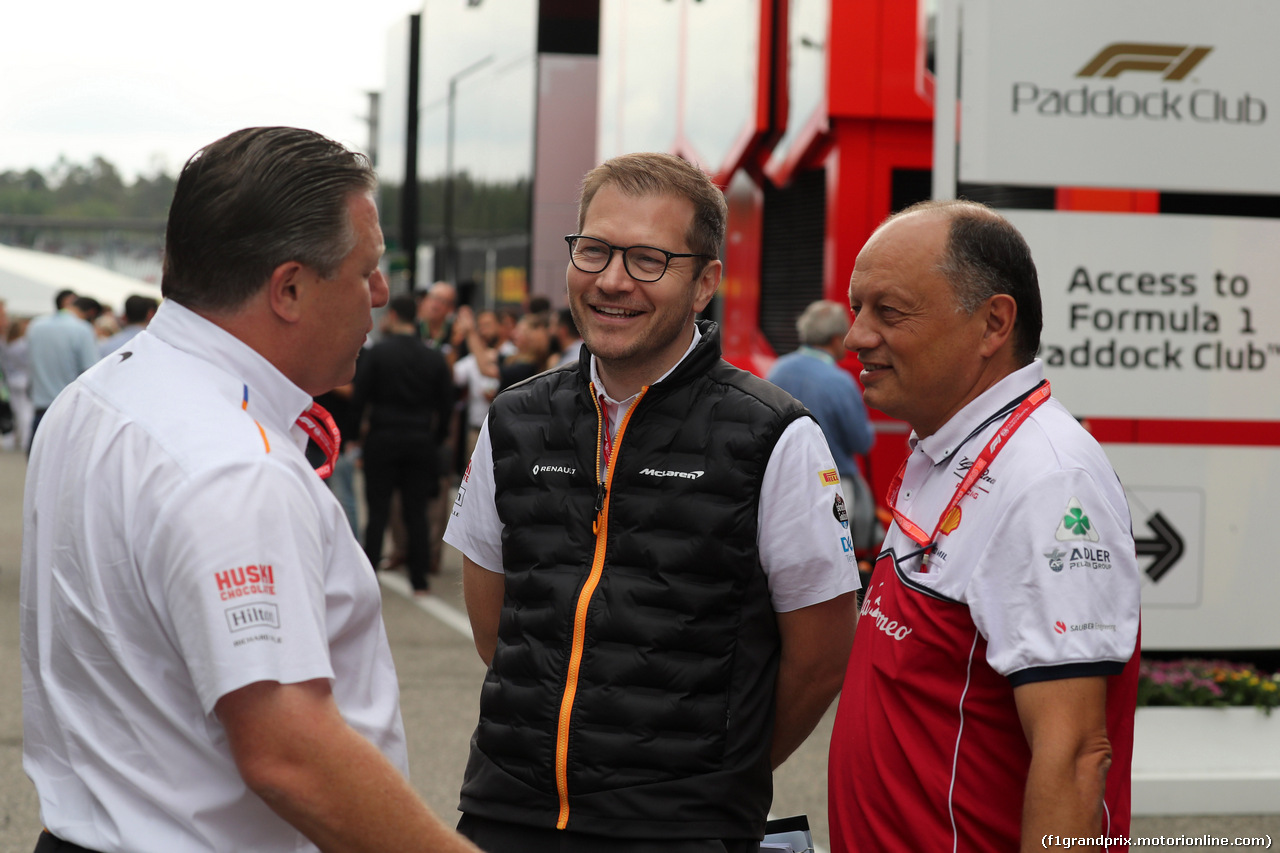 GP GERMANIA, 27.07.2019 - Zak Brown (USA) McLaren Executive Director, Andreas Seidl, McLaren Team Principal e Frederic Vasseur (FRA) Alfa Romeo Racing, Team Principal