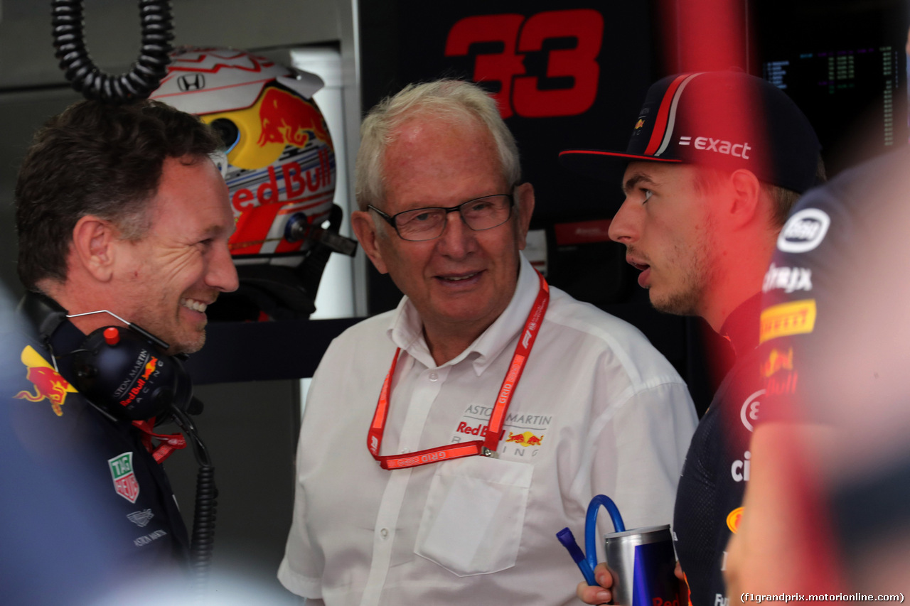 GP GERMANIA, 27.07.2019 - Prove Libere 3, Christian Horner (GBR), Red Bull Racing Team Principal, Helmut Marko (AUT), Red Bull Racing, Red Bull Advisor e Max Verstappen (NED) Red Bull Racing RB15