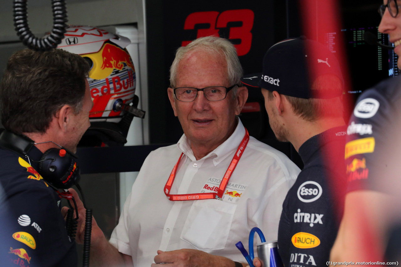 GP GERMANIA, 27.07.2019 - Prove Libere 3, Christian Horner (GBR), Red Bull Racing Team Principal, Helmut Marko (AUT), Red Bull Racing, Red Bull Advisor e Max Verstappen (NED) Red Bull Racing RB15
