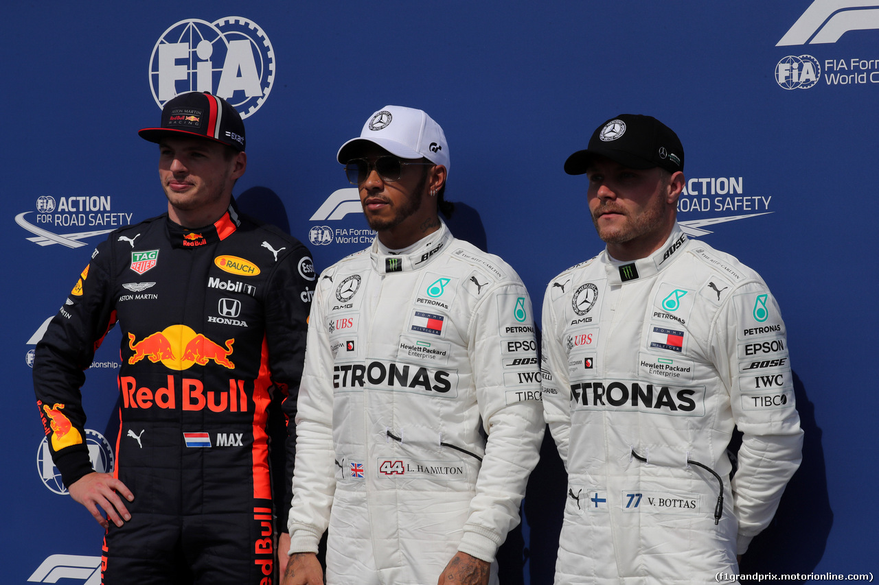 GP GERMANIA, 27.07.2019 - Qualifiche, 2nd place Max Verstappen (NED) Red Bull Racing RB15, Lewis Hamilton (GBR) Mercedes AMG F1 W10 pole position e 3rd place Valtteri Bottas (FIN) Mercedes AMG F1 W010
