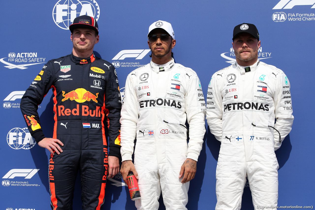 GP GERMANIA, 27.07.2019 - Qualifiche, 2nd place Max Verstappen (NED) Red Bull Racing RB15, Lewis Hamilton (GBR) Mercedes AMG F1 W10 pole position e 3rd place Valtteri Bottas (FIN) Mercedes AMG F1 W010
