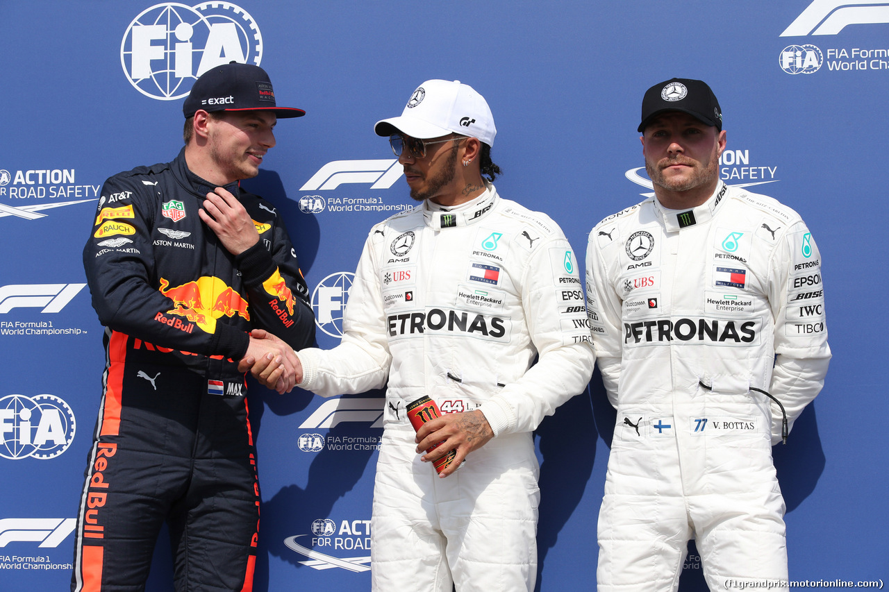 GP GERMANIA, 27.07.2019 - Qualifiche, 2nd place Max Verstappen (NED) Red Bull Racing RB15, Lewis Hamilton (GBR) Mercedes AMG F1 W10 pole position e 3rd place Valtteri Bottas (FIN) Mercedes AMG F1 W010