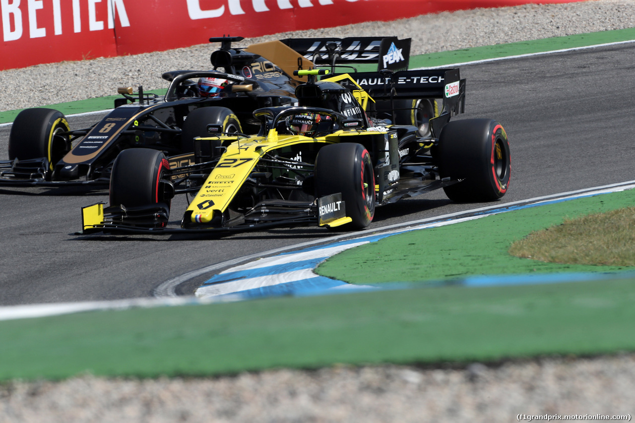 GP GERMANIA, 26.07.2019 - Prove Libere 1, Romain Grosjean (FRA) Haas F1 Team VF-19 e Nico Hulkenberg (GER) Renault Sport F1 Team RS19