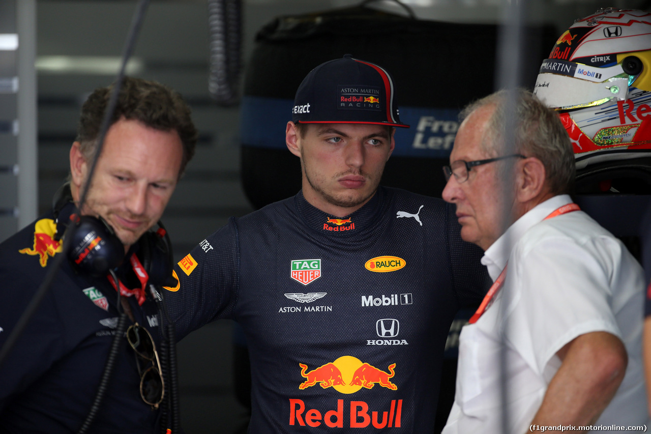 GP GERMANIA, 26.07.2019 - Prove Libere 2, Christian Horner (GBR), Red Bull Racing Team Principal, Max Verstappen (NED) Red Bull Racing RB15 e Helmut Marko (AUT), Red Bull Racing, Red Bull Advisor