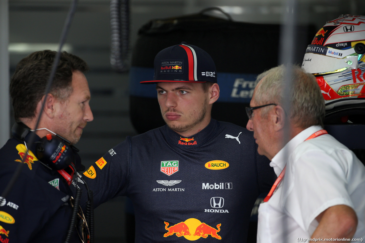 GP GERMANIA, 26.07.2019 - Prove Libere 2, Christian Horner (GBR), Red Bull Racing Team Principal, Max Verstappen (NED) Red Bull Racing RB15 e Helmut Marko (AUT), Red Bull Racing, Red Bull Advisor