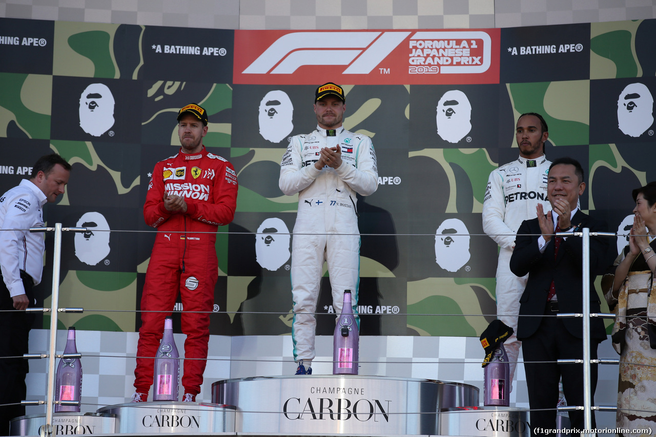 GP GIAPPONE, 13.10.2019- podium, winner Valtteri Bottas (FIN) Mercedes AMG F1 W10 EQ Power, 2nd place Sebastian Vettel (GER) Ferrari SF90, 3rd place Lewis Hamilton (GBR) Mercedes AMG F1 W10 EQ Power