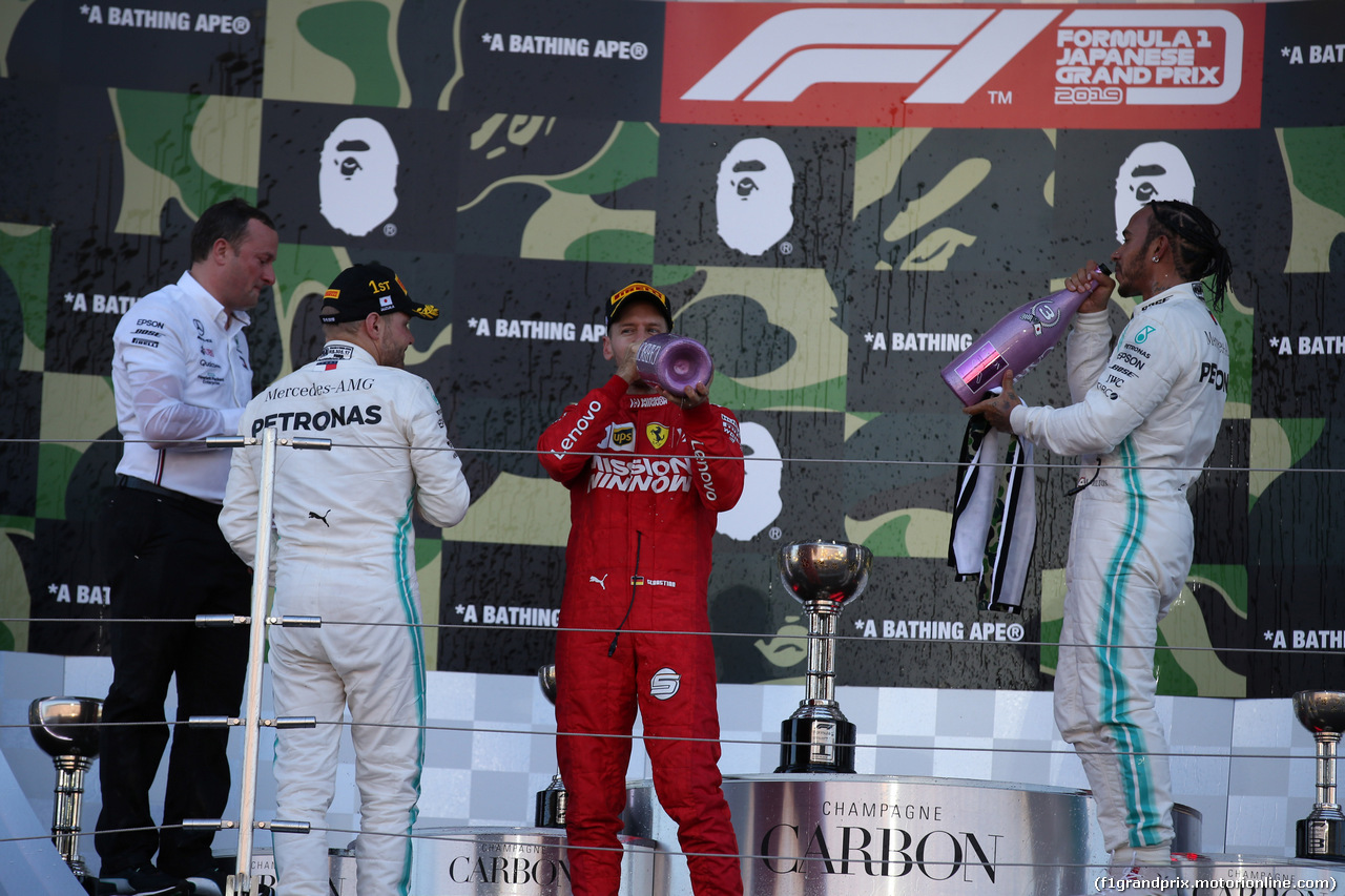 GP GIAPPONE, 13.10.2019- podium, winner Valtteri Bottas (FIN) Mercedes AMG F1 W10 EQ Power, 2nd place Sebastian Vettel (GER) Ferrari SF90, 3rd place Lewis Hamilton (GBR) Mercedes AMG F1 W10 EQ Power