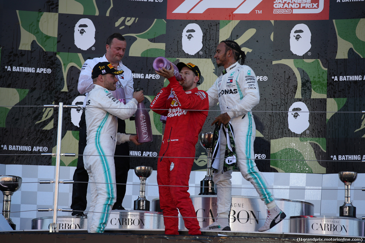 GP GIAPPONE, 13.10.2019- podium, winner Valtteri Bottas (FIN) Mercedes AMG F1 W10 EQ Power, 2nd place Sebastian Vettel (GER) Ferrari SF90, 3rd place Lewis Hamilton (GBR) Mercedes AMG F1 W10 EQ Power