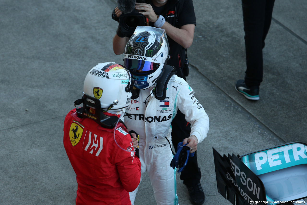 GP GIAPPONE, 13.10.2019- Festeggiamenti in parc fermee,  winner Valtteri Bottas (FIN) Mercedes AMG F1 W10 EQ Power witn 2nd place Sebastian Vettel (GER) Ferrari SF90