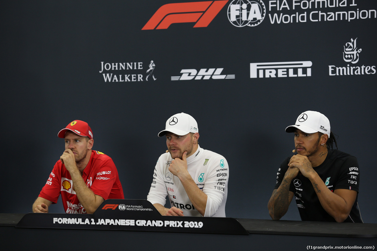 GP GIAPPONE, 13.10.2019- Official Fia press conference, winner Valtteri Bottas (FIN) Mercedes AMG F1 W10 EQ Power, 2nd place Sebastian Vettel (GER) Ferrari SF90, 3rd place Lewis Hamilton (GBR) Mercedes AMG F1 W10 EQ Power