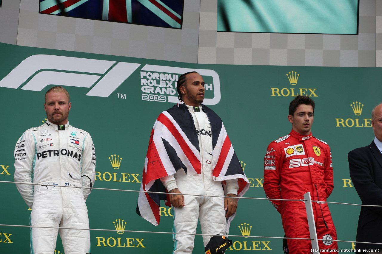 GP GRAN BRETAGNA, 14.07.2019- podium, winner Lewis Hamilton (GBR) Mercedes AMG F1 W10 EQ Power, 2nd place Valtteri Bottas (FIN) Mercedes AMG F1 W10 EQ Power, 3rd place Charles Leclerc (MON) Ferrari SF90