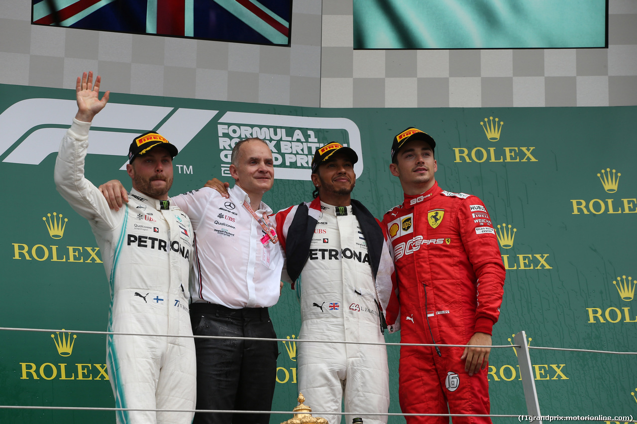 GP GRAN BRETAGNA, 14.07.2019- podium, winner Lewis Hamilton (GBR) Mercedes AMG F1 W10 EQ Power, 2nd place Valtteri Bottas (FIN) Mercedes AMG F1 W10 EQ Power, 3rd place Charles Leclerc (MON) Ferrari SF90