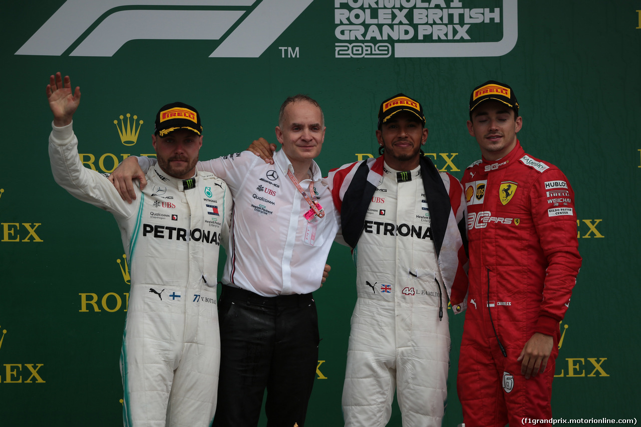 GP GRAN BRETAGNA, 14.07.2019- podium, winner Lewis Hamilton (GBR) Mercedes AMG F1 W10 EQ Power, 2nd place Valtteri Bottas (FIN) Mercedes AMG F1 W10 EQ Power, 3rd place Charles Leclerc (MON) Ferrari SF90