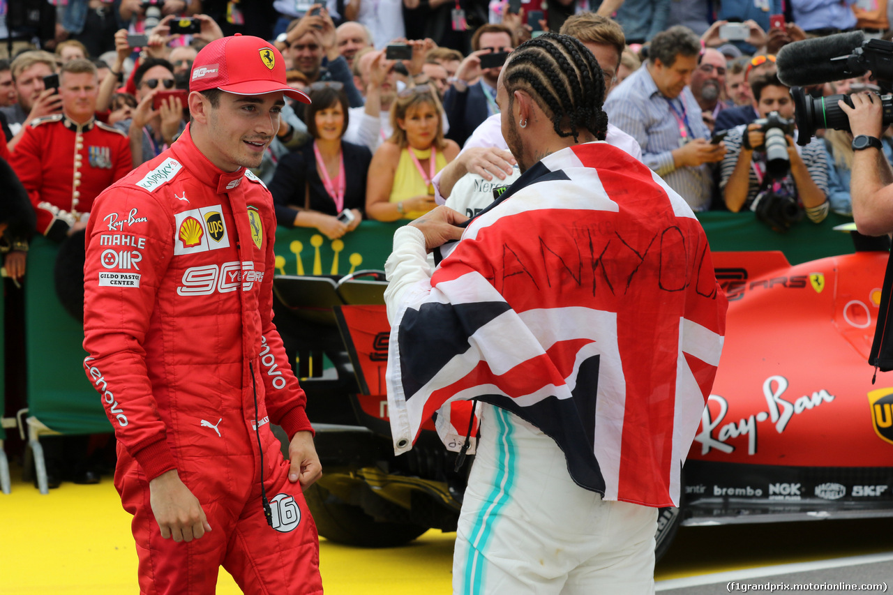 GP GRAN BRETAGNA, 14.07.2019- Parc ferme Charles Leclerc (MON) Ferrari SF90 e Lewis Hamilton (GBR) Mercedes AMG F1 W10 EQ Power